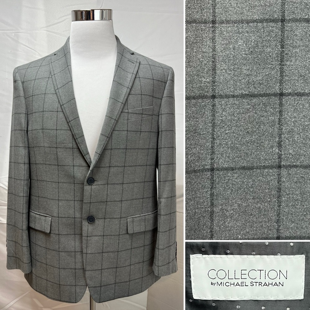 Michael Strahan Collection Men's 42R Gray Windowpane Plaid Fleece Blazer Jacket